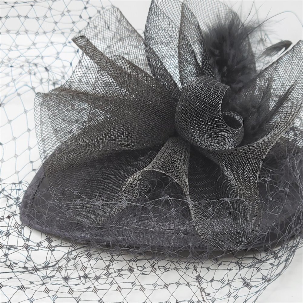 Black Veil Netting Fascinator With Veil Netting, Tulle and Feathers - Picture 14 of 16